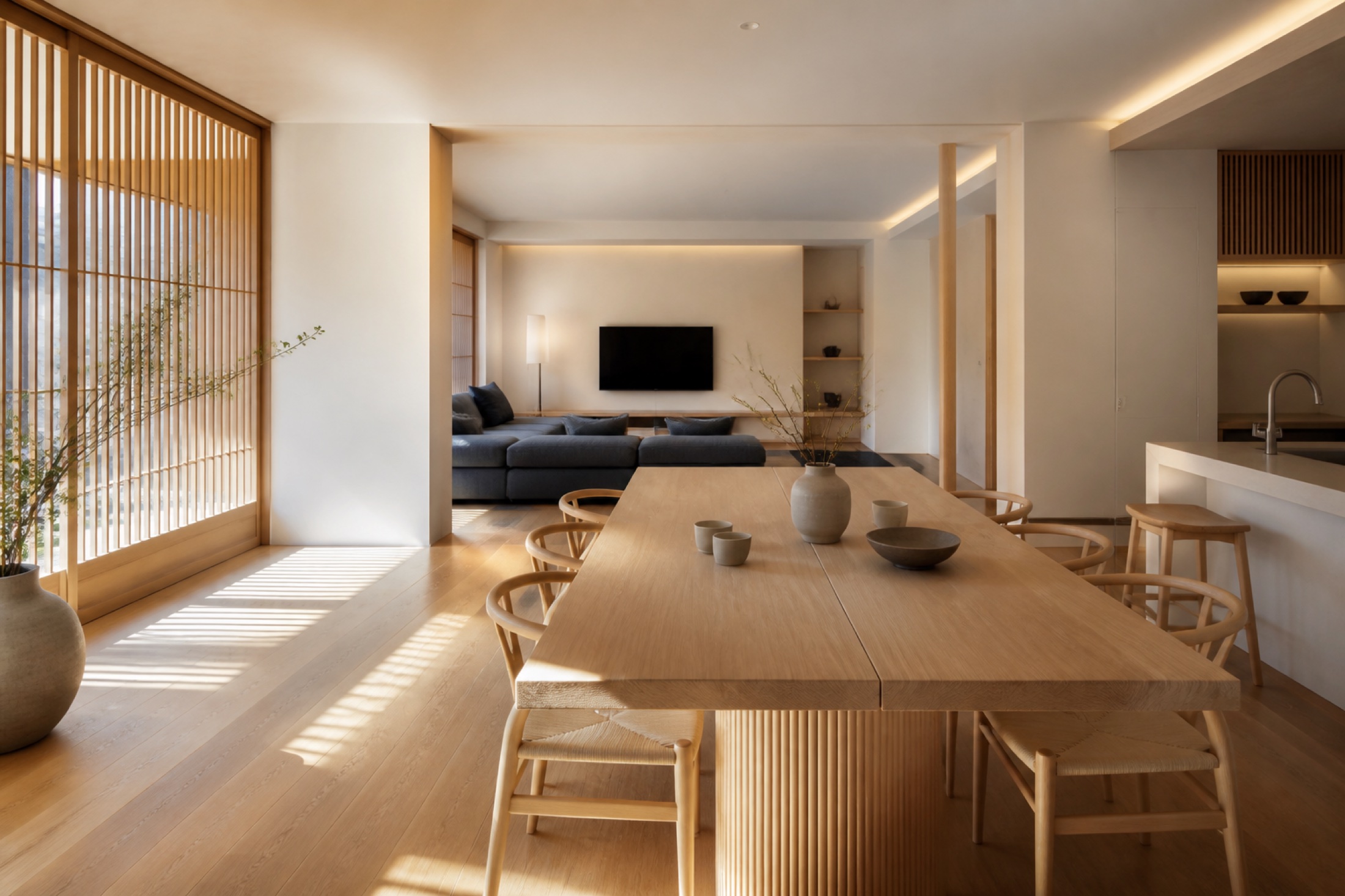 Calm Japanese hospitality suite at dusk